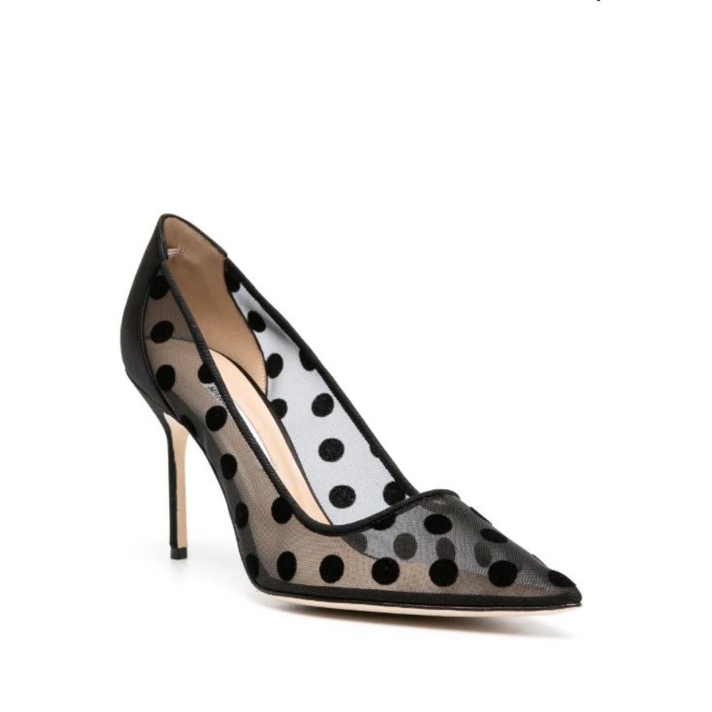 NWT Manolo Blahnik Mesh Black Polka Dot Pump, Size 38